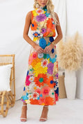 Sleeveless Tie Neck Waisted Floral Print Maxi Dress