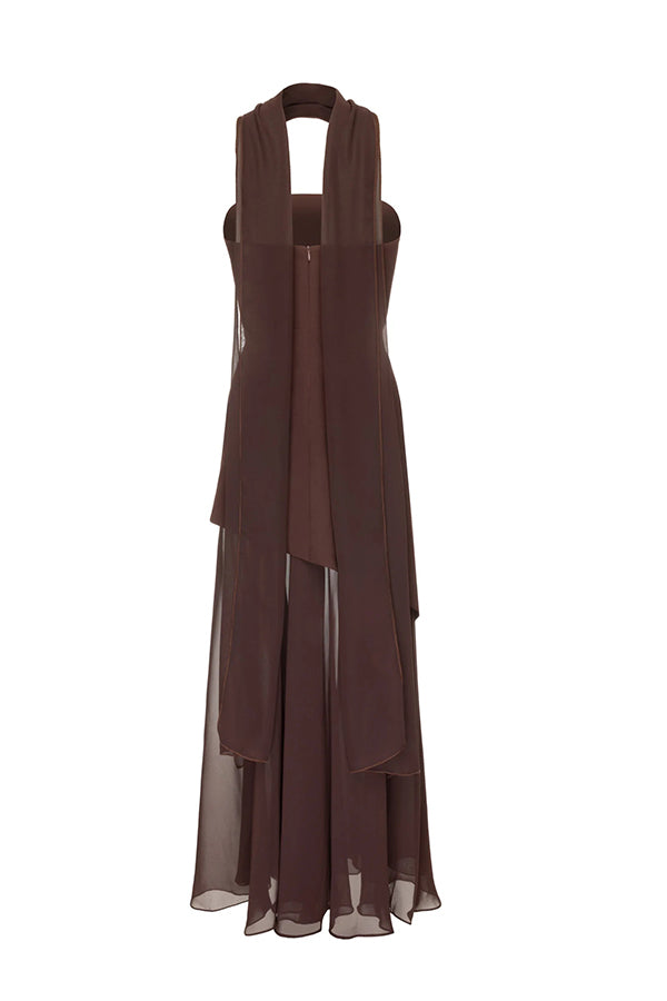 Monaco Off Shoulder Structured Top Chiffon Slit Hem Scarf Maxi Dress