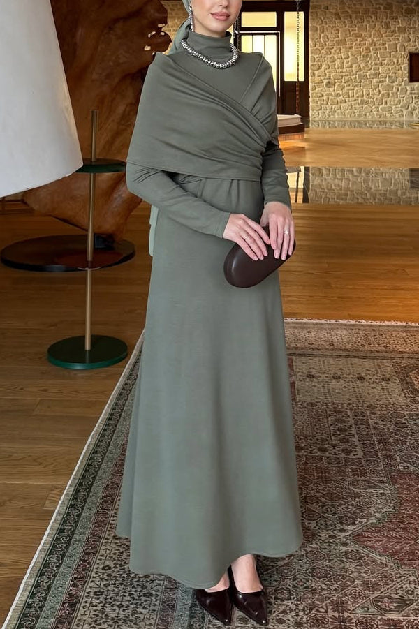 Solid Color High-neck Long-sleeved Crossover Waist Slim-fit Maxi Dress