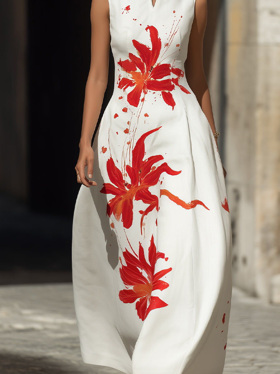 Modern Mandarin Collar Floral Maxi Dress – Artistic Red Lily Print