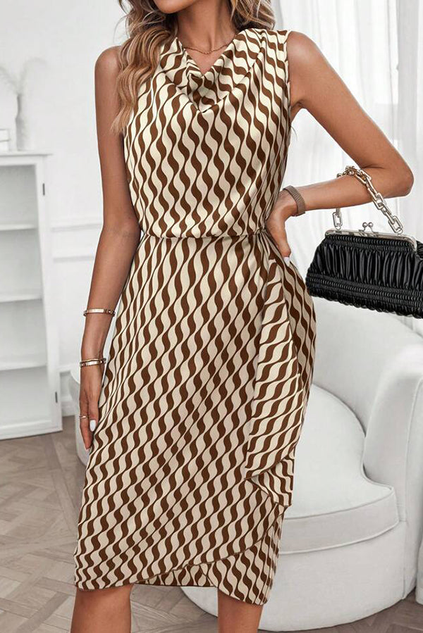 Unique Print Draped Front Neck Asymmetric Hem Mini Dress