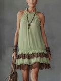 Green Pleated Chiffon Halter Mini Dress with Brown Lace Trim