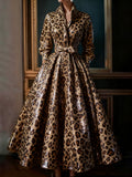 sheenchic Party Metallic Brown Leopard Stand-Up Collar Long Sleeve Pocket Casual Lace Up Sequin Maxi Dresses