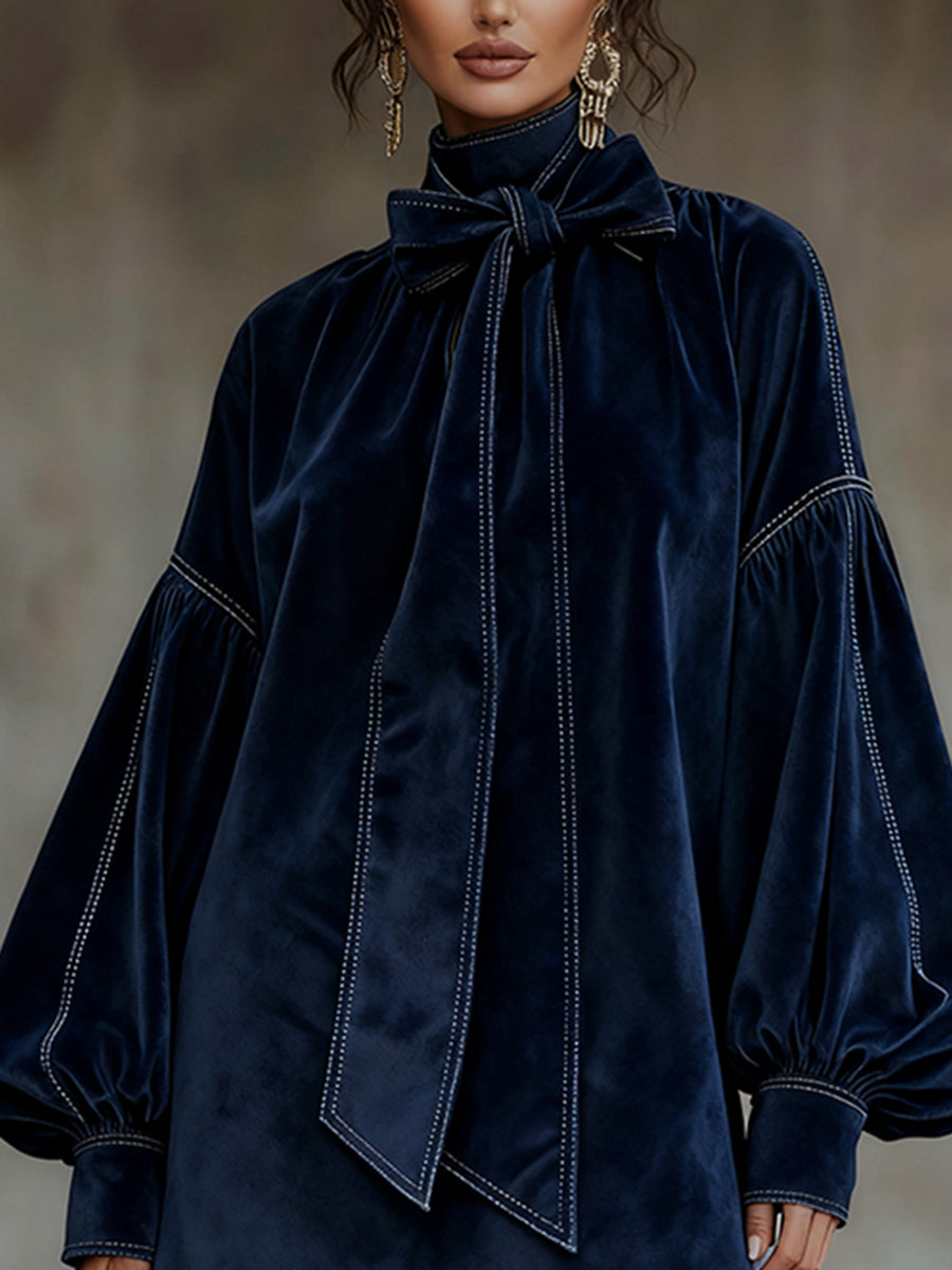 sheenchic Daily Navy Blue High Collar Lantern Sleeve Long Sleeve Bow Tie Elegant Velvet Mini Dresses