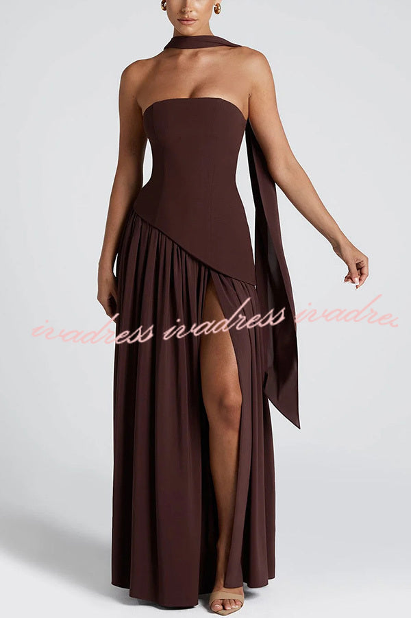 Elegant Off Shopulder Chiffon Pleated Hem Scarf Slit Maxi Dress