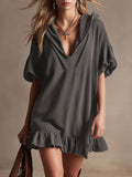 Stylish And Casual Grey Ruffled Hooded V-neck Cotton Mini Dress