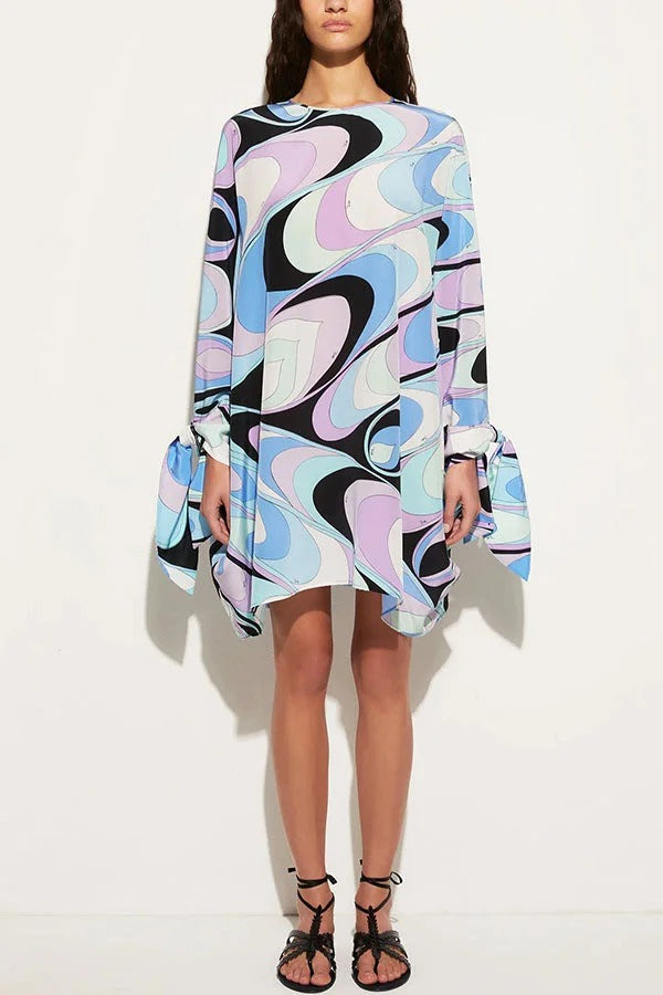 Micah Satin Unique Print Slit Tie-up Sleeve Shift Kaftan Mini Dress