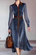 Vintage Blue Leopard Print Shirt Collar See-Through Long Sleeve Dress(No belt included)