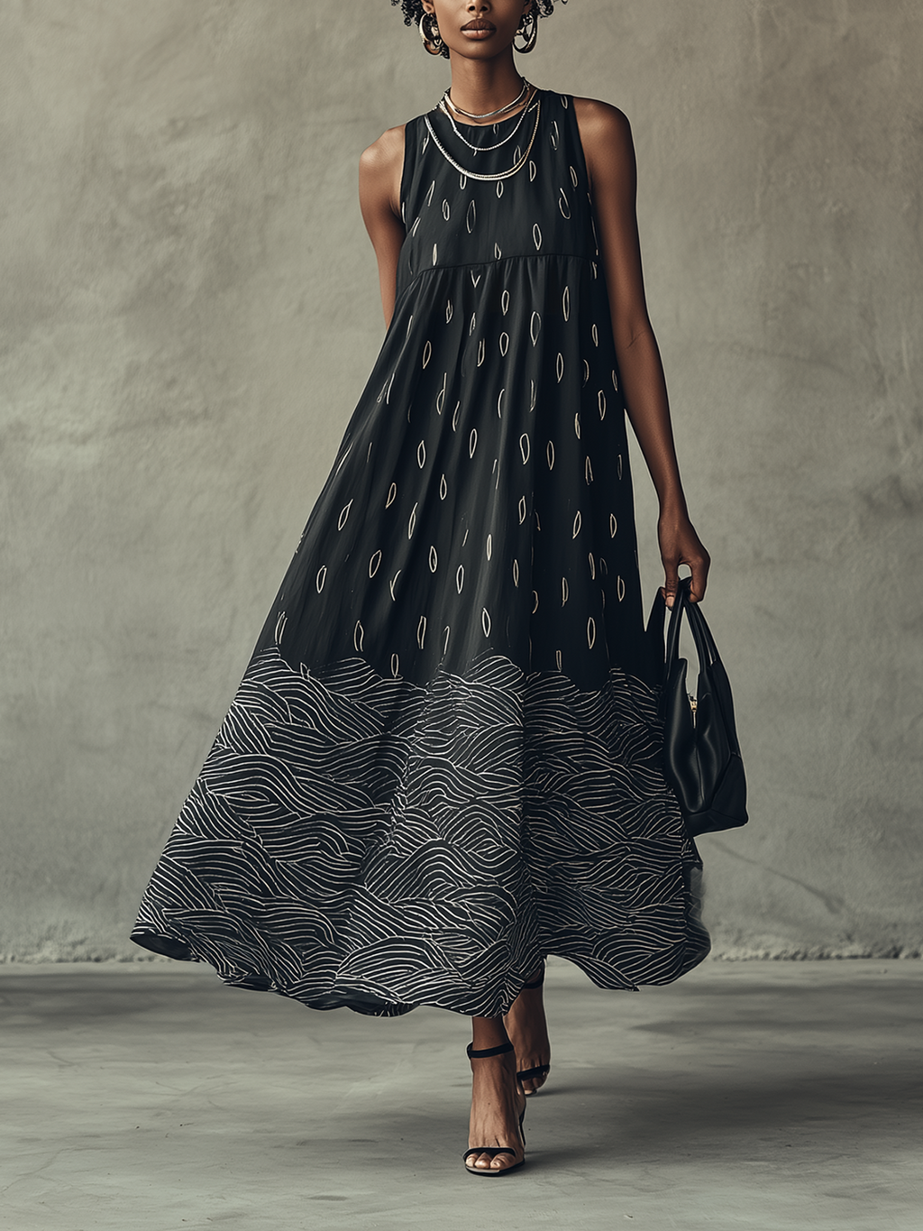 Sleeveless Maxi Dress With Abstract Print And Flowing A-Line Silhouette
