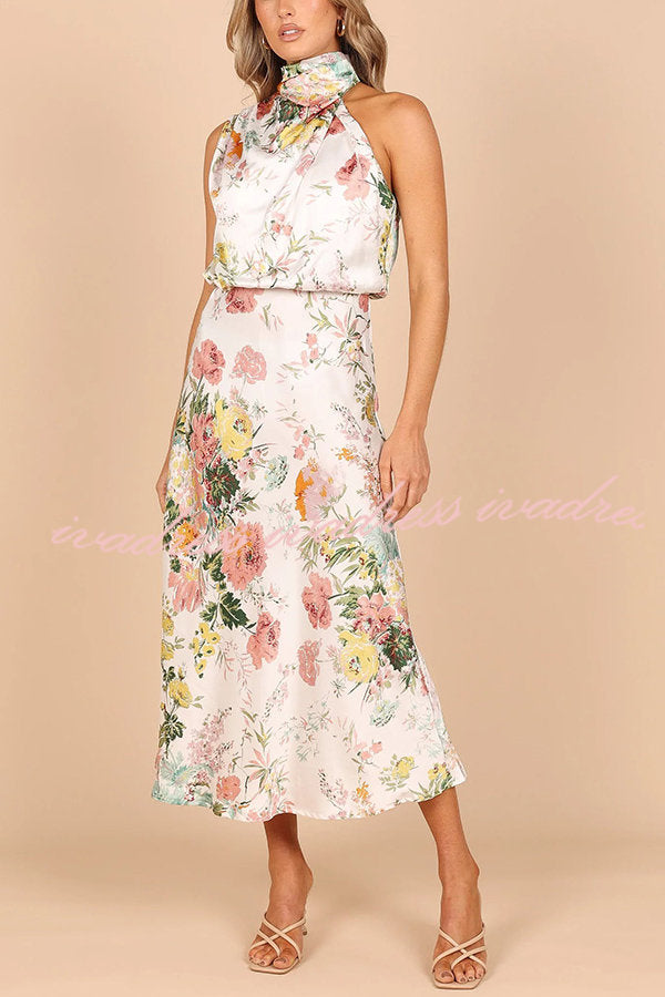 Wine Country Dates Floral Halter Neck Elastic Waist Maxi Dress