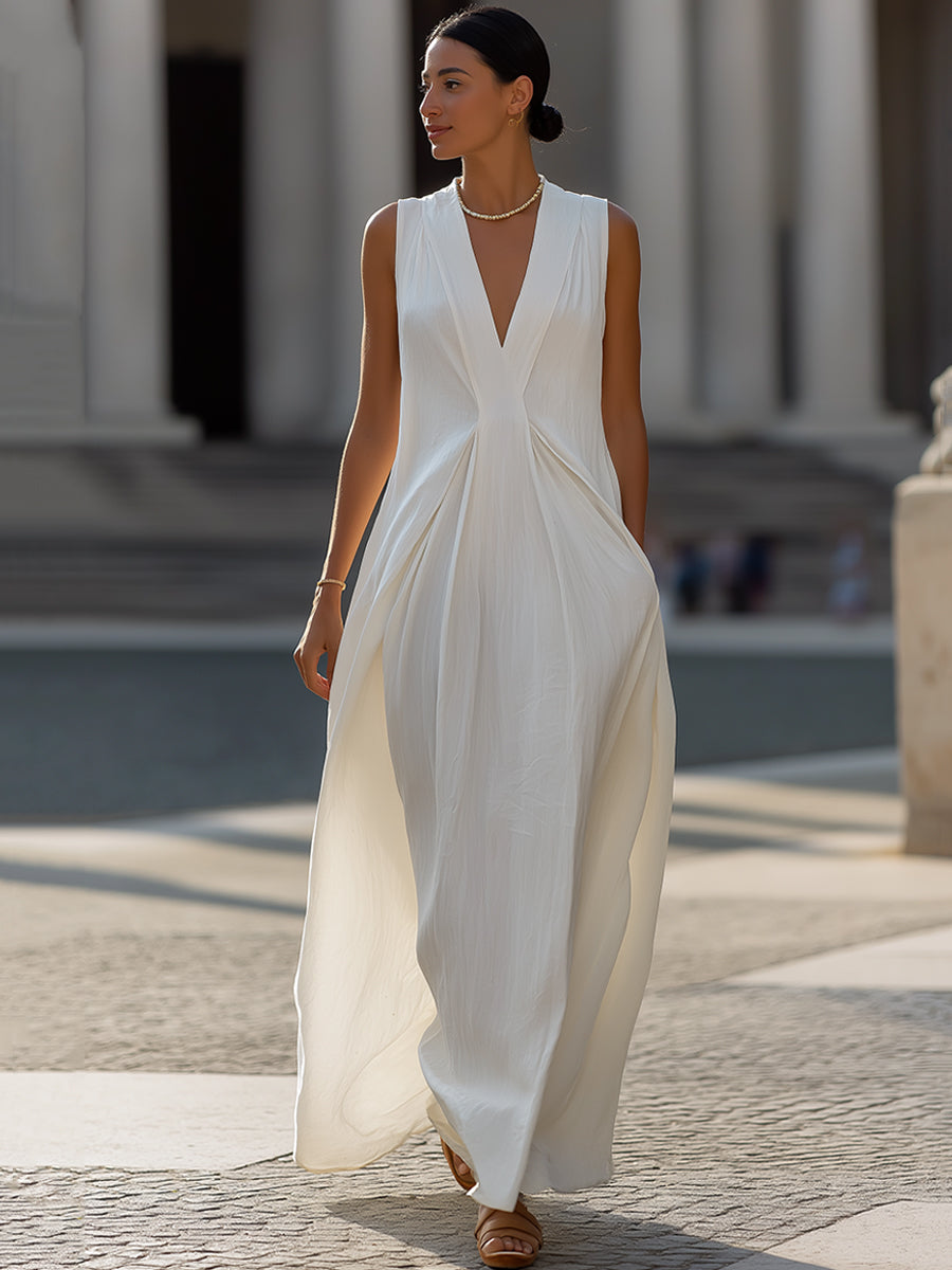 V-Neck Draped Column Maxi Dress