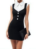 Chic Black & White Contrast Mini Dress With Faux Collared Shirt Design