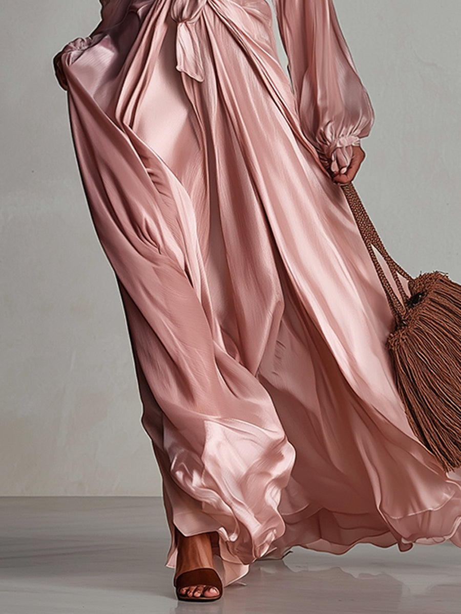 Pink Acetate Satin Long Sleeve Cutout Maxi Dress