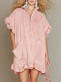 Retro Pink Stand-up Collar Ruffled Short-sleeved Faux Suede Mini Dress
