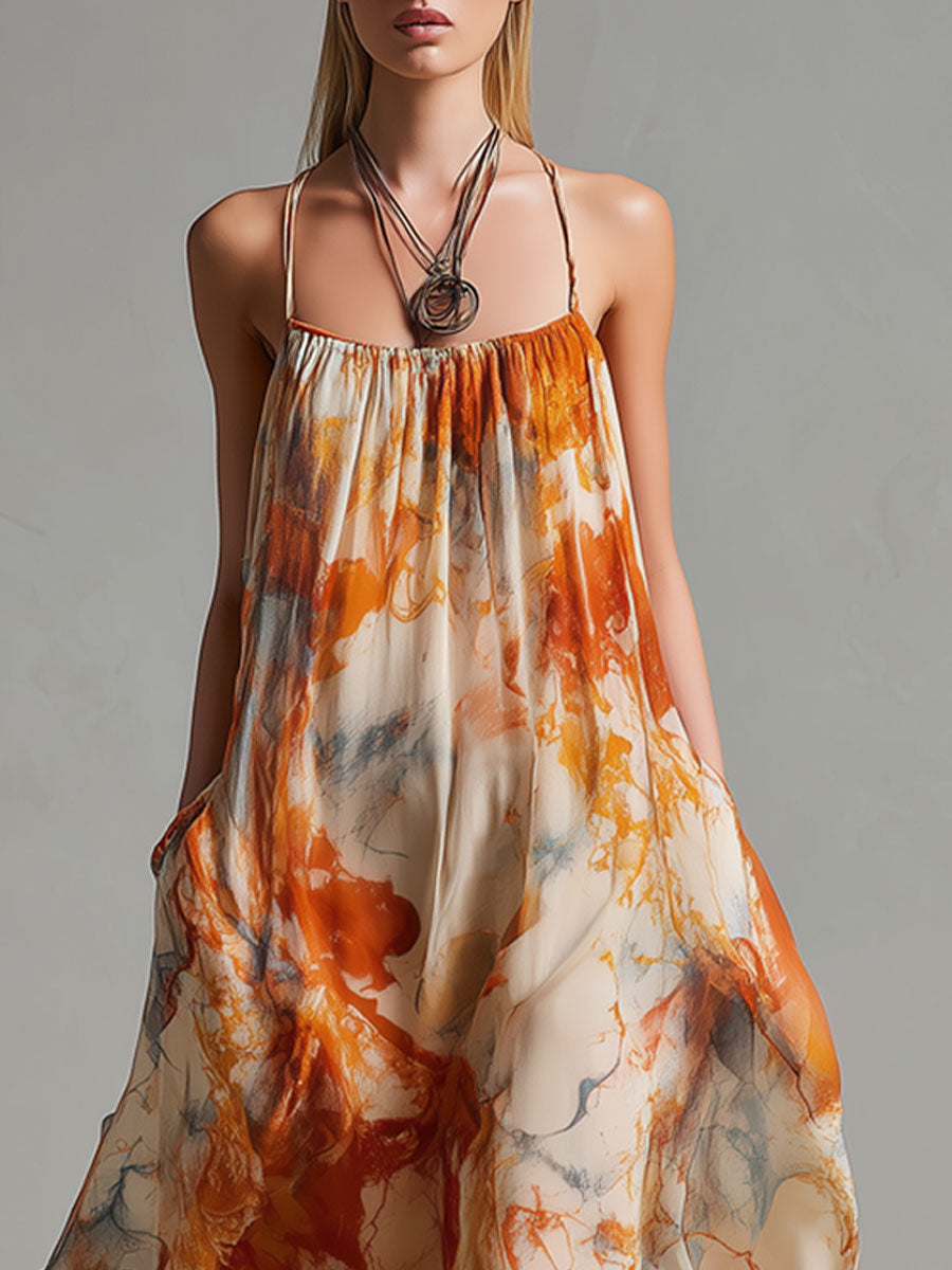 Vintage Marble Pattern Orange Chiffon Sleeveless Maxi Dress