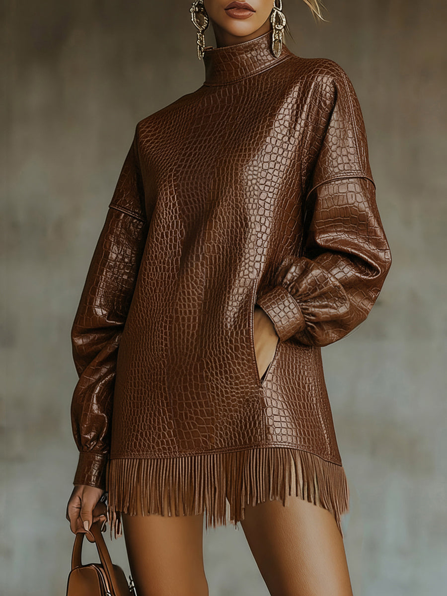 sheenchic Fashion Dark Brown High Neck Lantern Sleeve Pocket Fringe Crocodile PU Leather Mini Dress