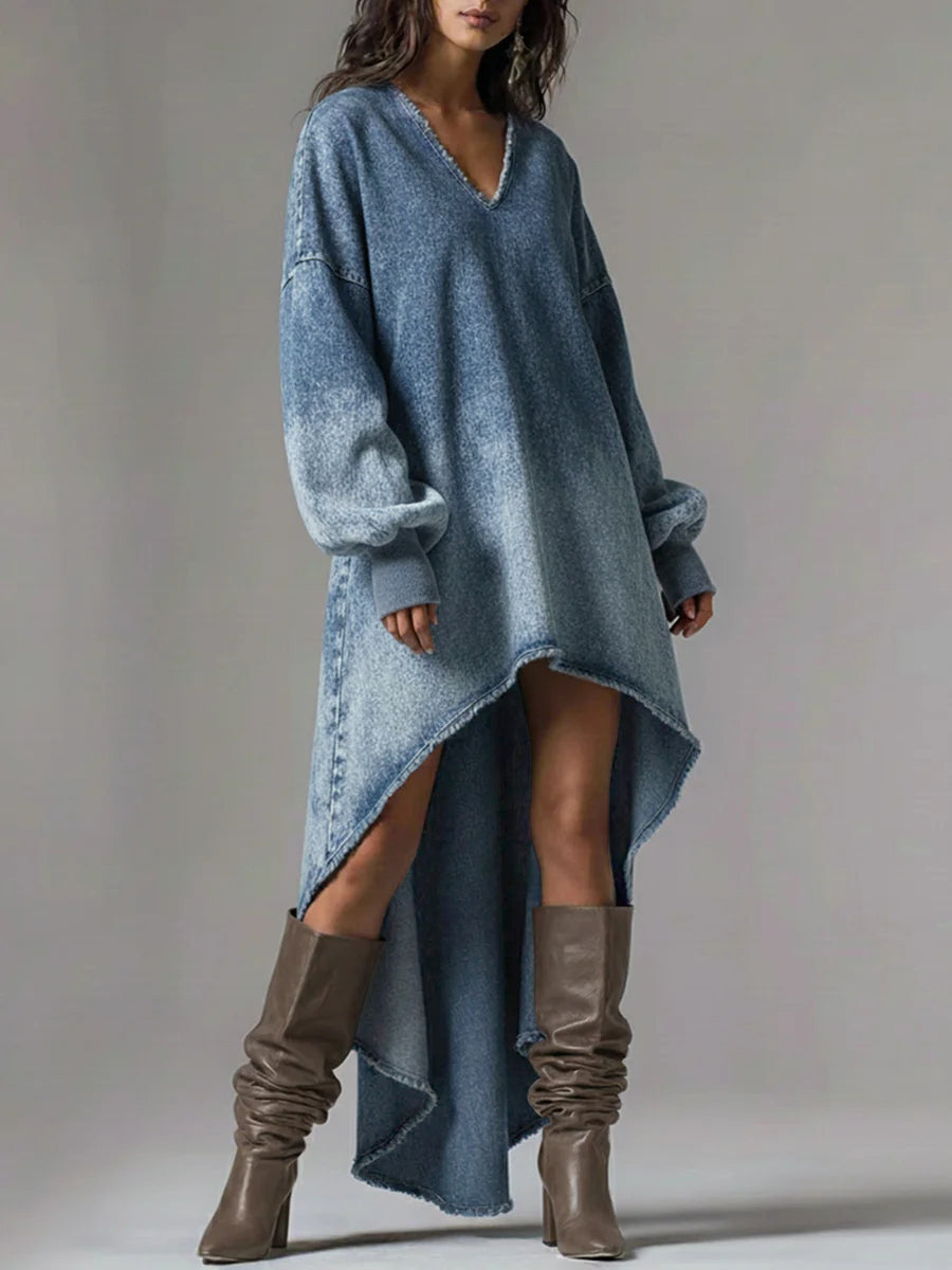 sheenchic Festival Blue V Neck Lantern Sleeve Long Sleeve High Low Hem Casual Denim Mini Dresses