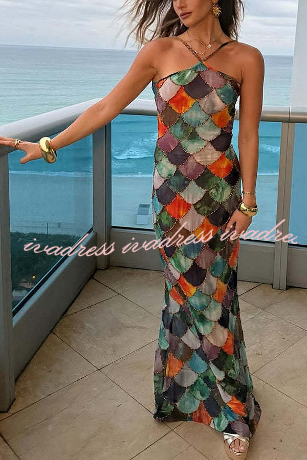 Little Mermaid Colorful Scales Print Halter Maxi Dress
