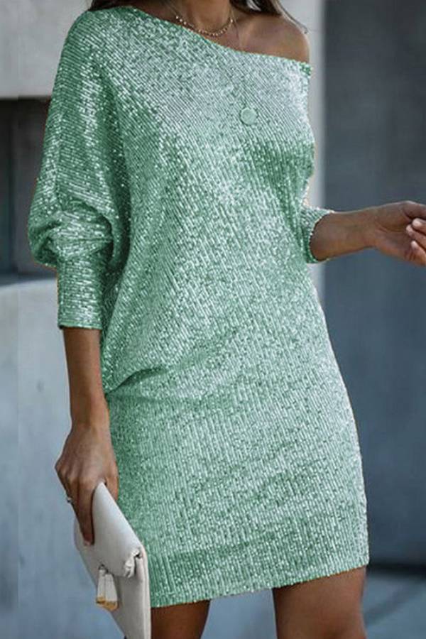 Sequined One Shoulder Off-The-Shoulder Batwing Sleeve Party Dress