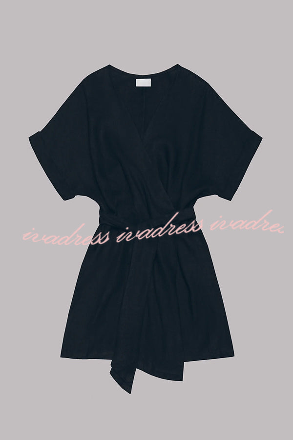 Breezy Retreat Cotton Linen Blend Pocketed Belt Kimono Mini Dress