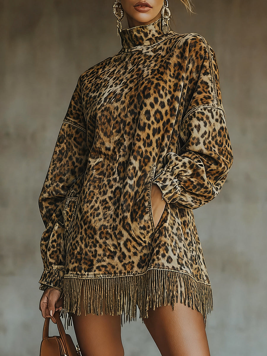sheenchic Party Khaki Leopard Print High Neck Lantern Sleeve Pocket Fringe Hem Mini Dress