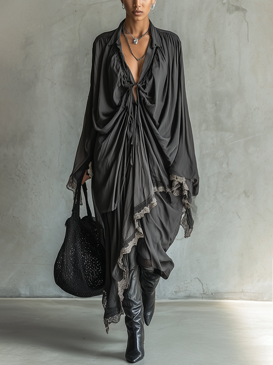 Black Draped Lace Trimmed Tie Waist Maxi Dress