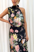 Wine Country Dates Floral Halter Neck Elastic Waist Maxi Dress