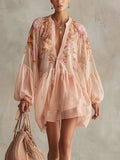 Pink Floral Chiffon Balloon-Sleeve Mini Dress