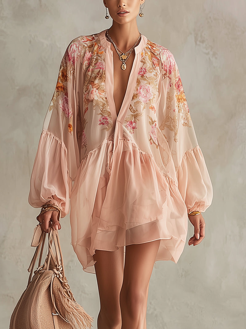 Pink Floral Chiffon Balloon-Sleeve Mini Dress