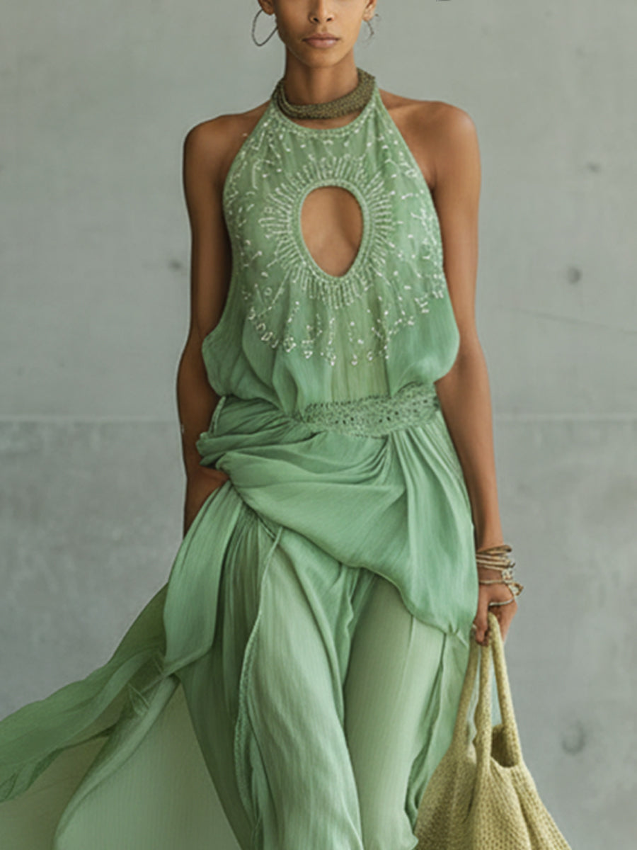 Mint Green Sleeveless Hollow Out Embroidered Chiffon Maxi Dress