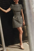 Round-neck beaded plaid Chanel-style mini dress