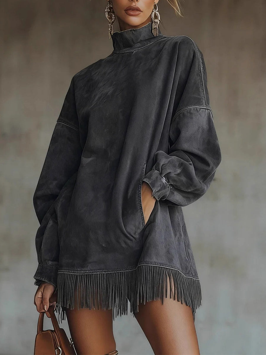 Festival Pink High Collar Lantern Sleeve Long Sleeve Strappy Western Chamois Mini Dresses