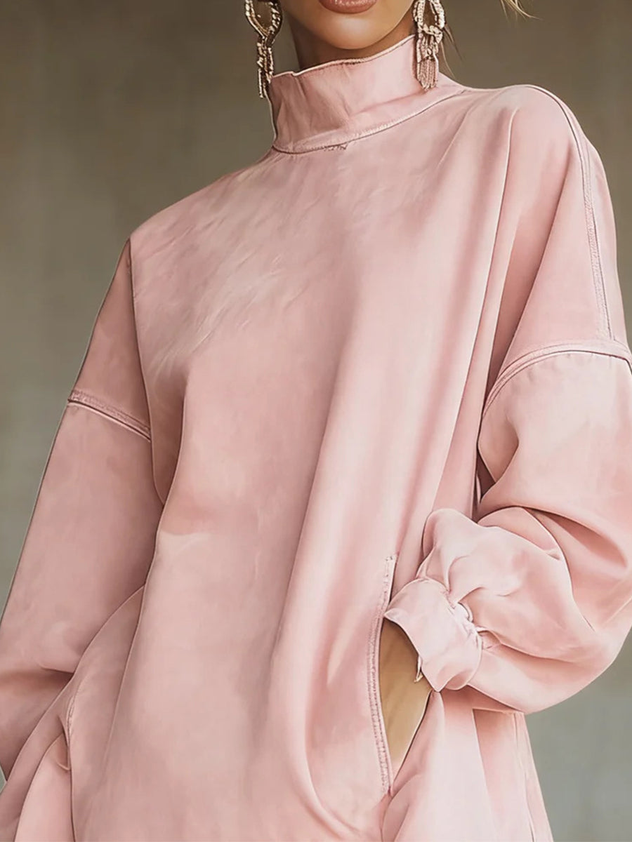 Festival Pink High Collar Lantern Sleeve Long Sleeve Strappy Western Chamois Mini Dresses