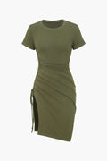 Drawstring Ruched Slit Mini Dress