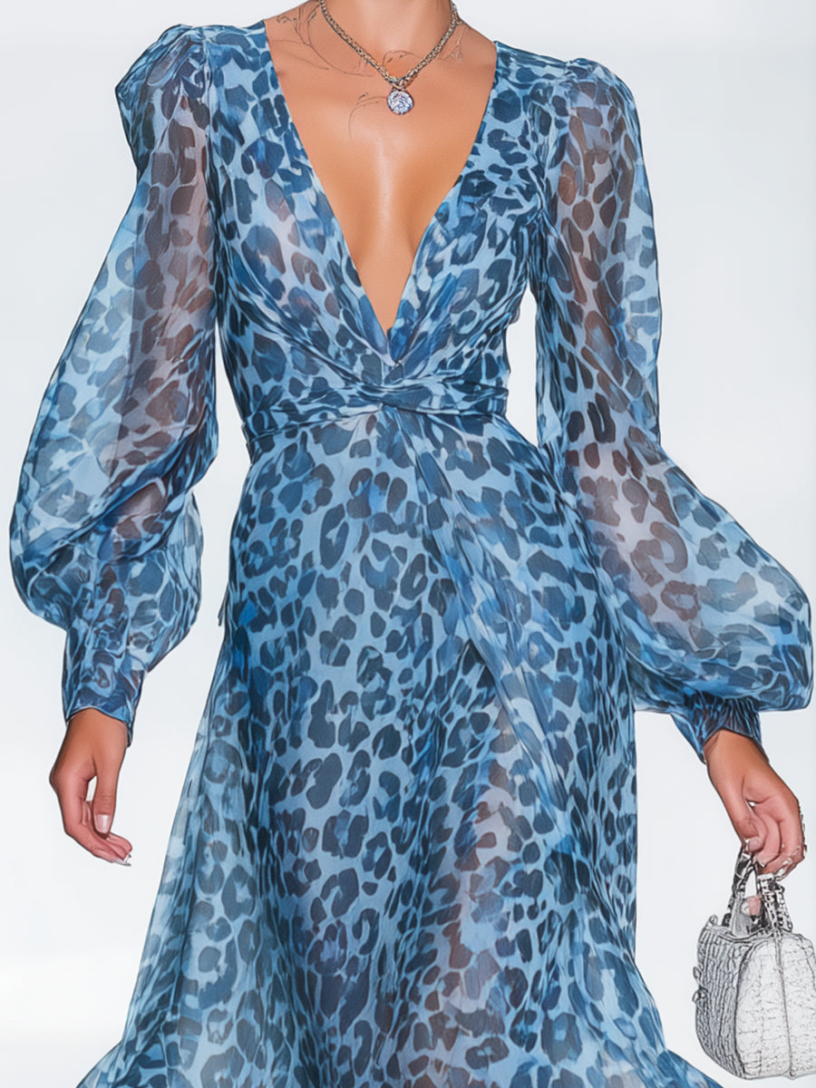 【24-hour shipping out】Elegant And Fashionable Chiffon Blue Leopard Print Long Sleeve V-neck Flowing Maxi Dress