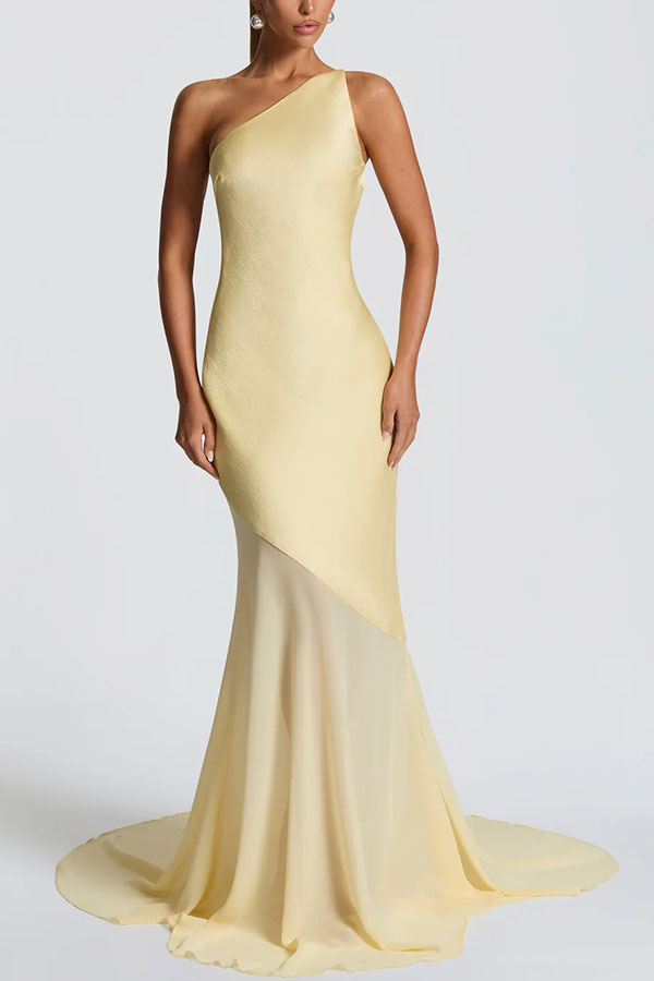 Fable Satin One Shoulder Back Adjustable Straps Contrast Chiffon Hem Maxi Dress