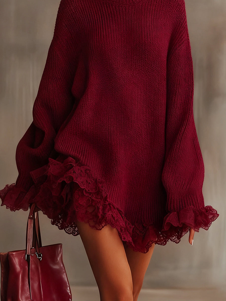 sheenchic Party Lace Burgundy High Collar Long Sleeve Ruffle Vintage Contrast Knitted Mini Dresses