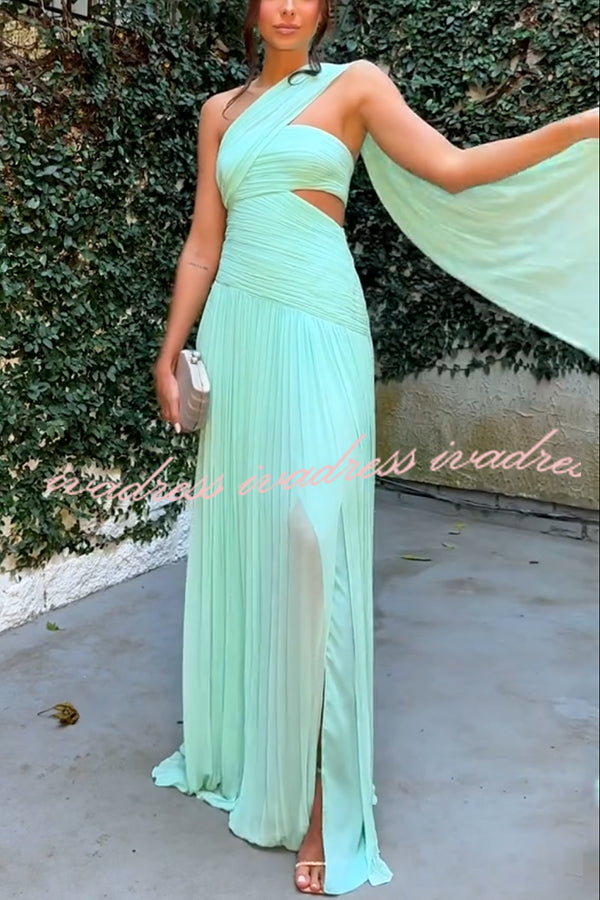 Forest Muse Chiffon Pleated Off Shoulder Cutout Waist Cape Maxi Dress