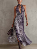 Gradient Purple Leopard Print Chiffon Sleeveless Maxi Dress With Side Slit