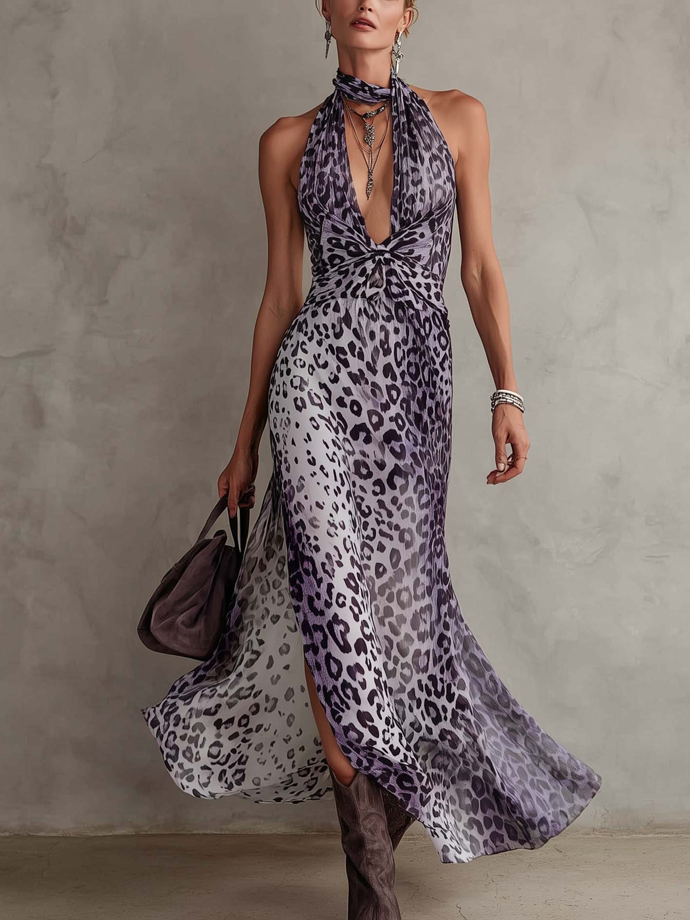 Gradient Purple Leopard Print Chiffon Sleeveless Maxi Dress With Side Slit