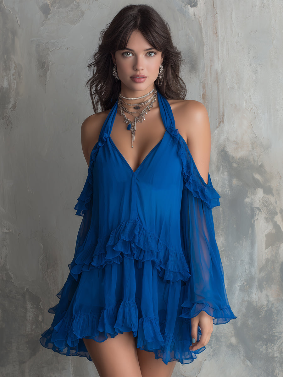 Elegant And Romantic Ruffled Hem Sapphire Blue Chiffon Off-the-shoulder Long-sleeved Mini Dress