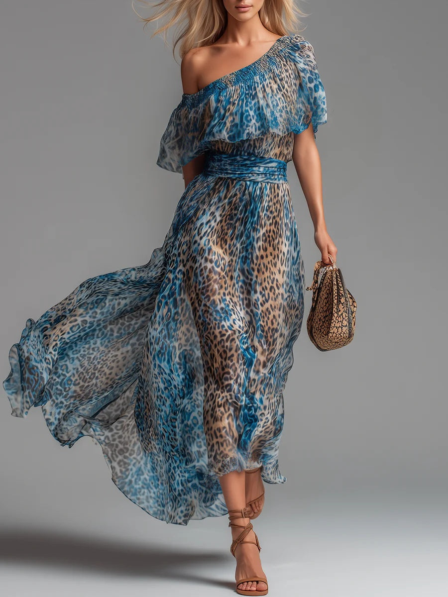 sheenchic Vacation Light Blue Leopard Oblique Collar Short Sleeve Ruffle Boho Chiffon Maxi Dresses [Pre-Order]