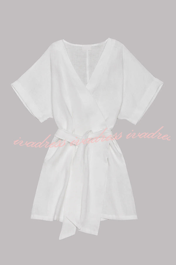 Breezy Retreat Cotton Linen Blend Pocketed Belt Kimono Mini Dress