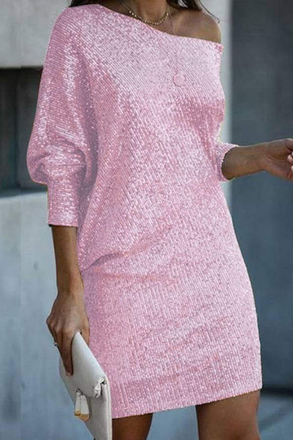 Sequined One Shoulder Off-The-Shoulder Batwing Sleeve Party Dress
