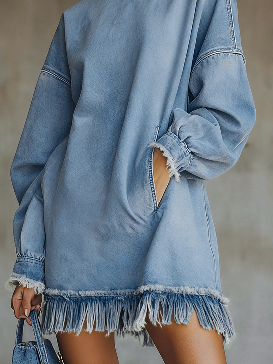 sheenchic Daily Blue Round Neck Long Sleeve Strappy Casual Trimmings Denim Mini Dresses