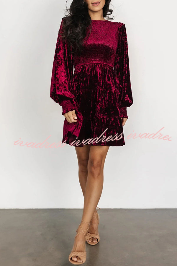 Kele Velvet Balloon Sleeve Patchwork Smocked Crew Neck Mini Dress