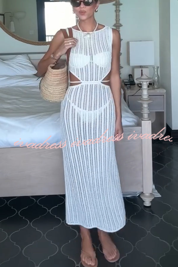 Beach Day Crochet Knit Cutout Waist Coverup Stretch Maxi Dress