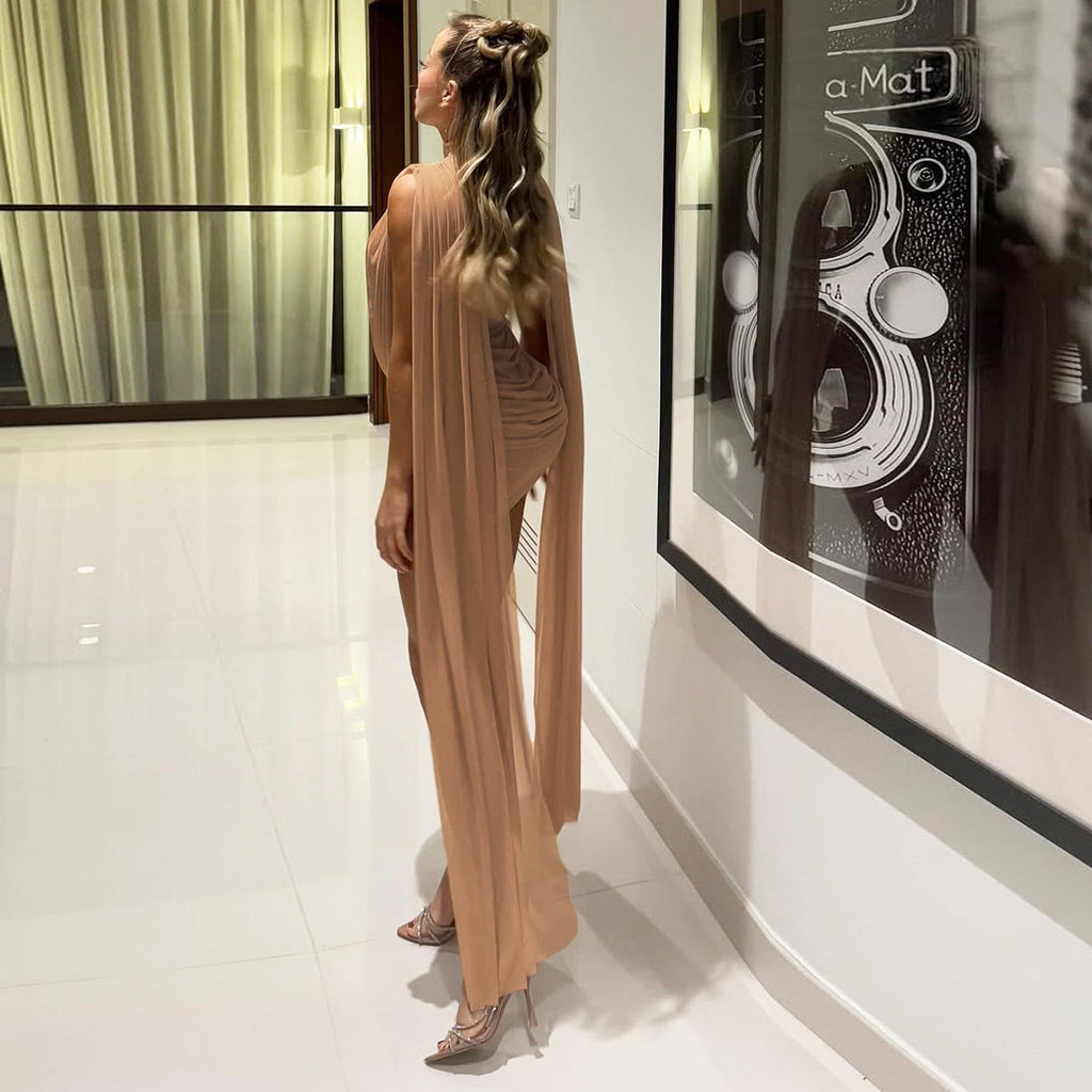 Black Sheer High-Neck Mini Dress with Cape Sleeves