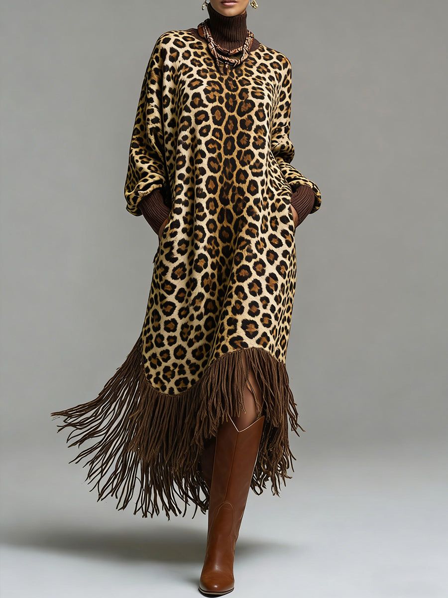 sheenchic Daily Brown Leopard High Collar Long Sleeve Strappy Vintage Pocket Maxi Dresses