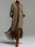 sheenchic Daily Brown Leopard High Collar Long Sleeve Strappy Vintage Pocket Maxi Dresses